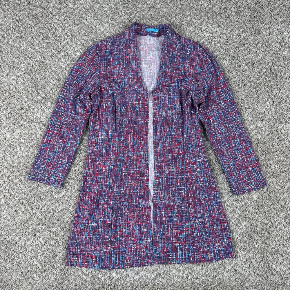 J McLaughlin Cardigan Womens Small Red Blue Open Front Multi Crosshatch Longline